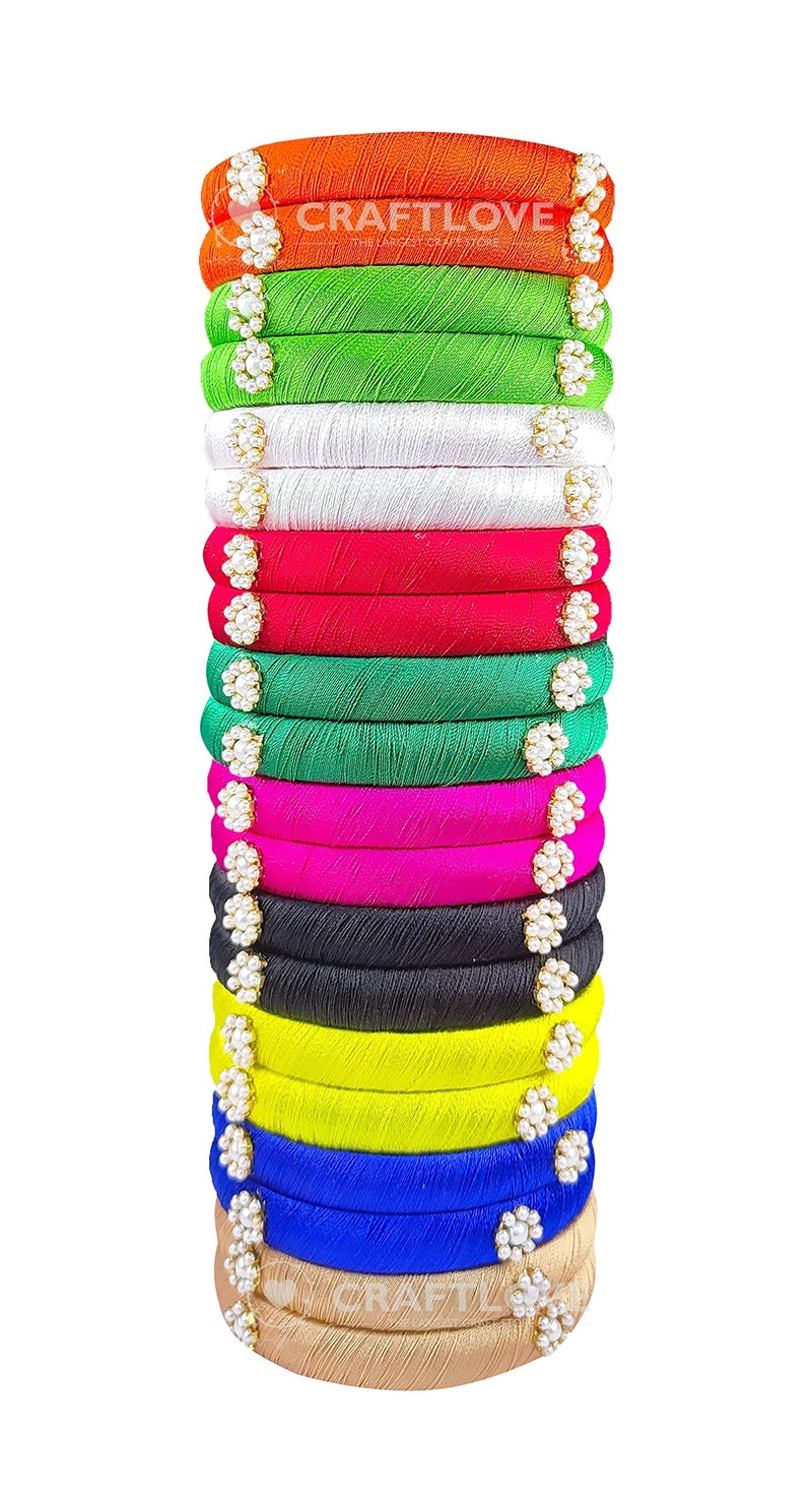 GOELX Silk Thread Bangles Set Multicolor Pearl Embellished 20 kada Bangles Set (Multicolor, 2.4) - Image 4